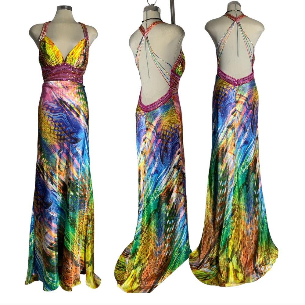 CACHET Designer  Satin Multicolor Embellished beads Open Back Gown Dress Size 14